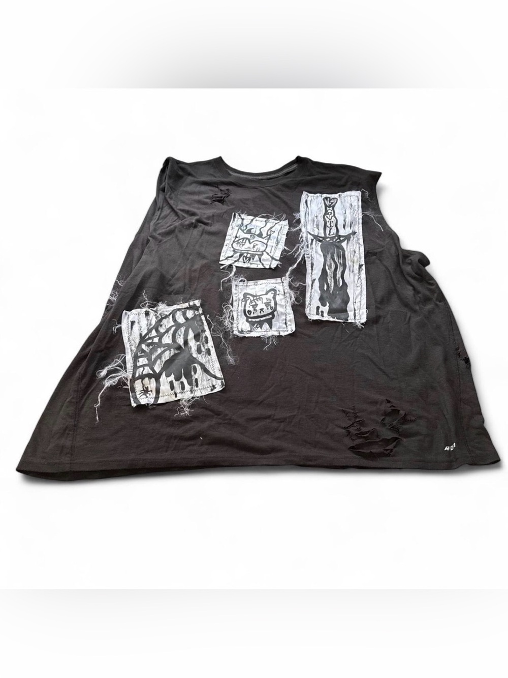 Black Graphic Patch Distressed Tank Top